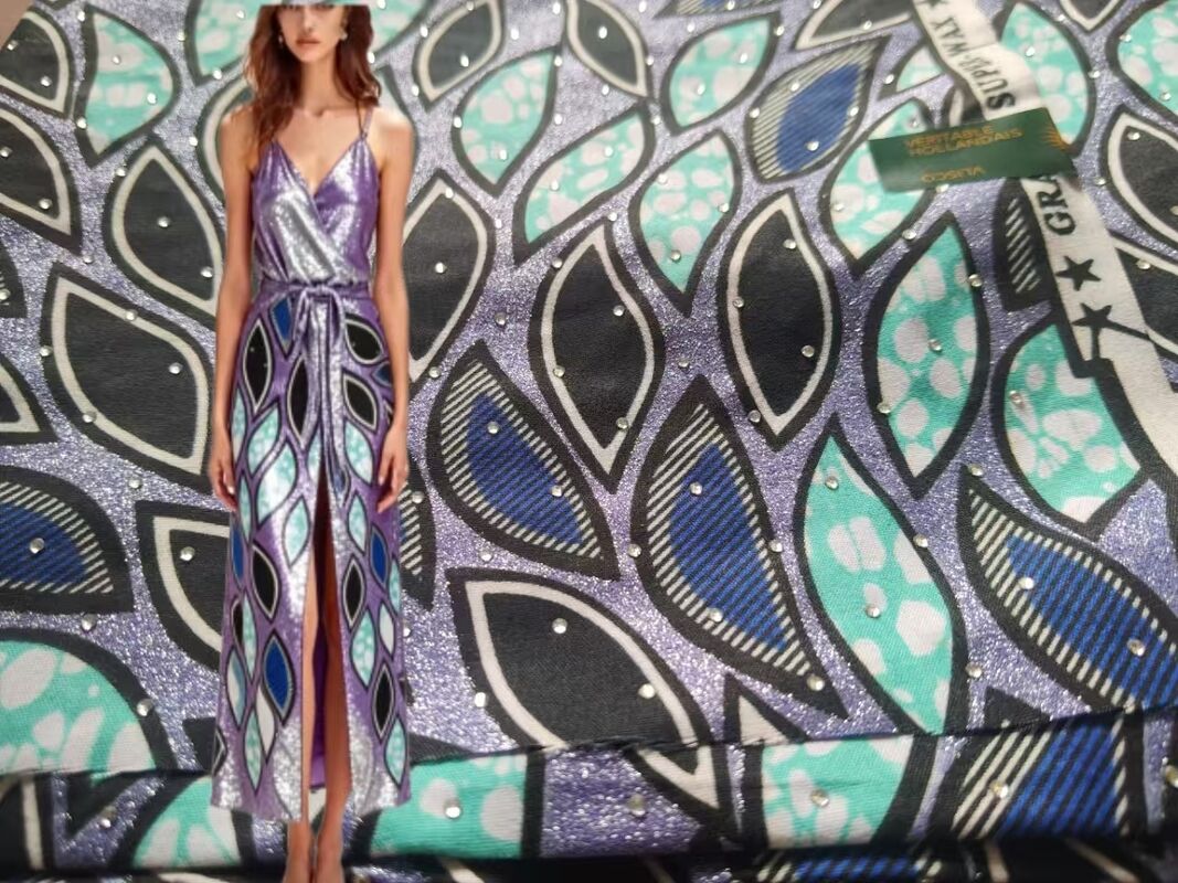 Tecido Africano Wax Print com Pedrarias Hot-fix – 91% Algodão 9% Elastano, Alta Resistência a Rugas, Excelente Recuperação Elástica